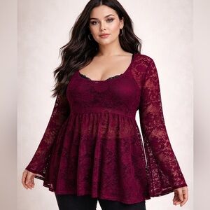 Torrid Burgundy Sheer Lace Tunic Blouse Size 1 Plus Bell Sleeve Boho Goth